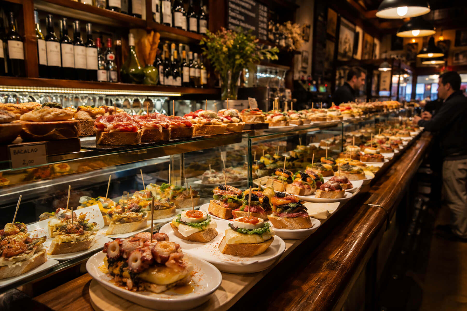 Pintxos arranged along a Basque bar counter
